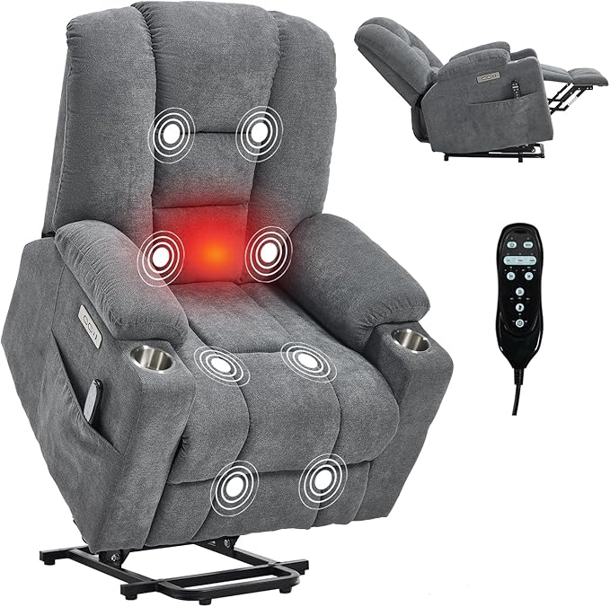 Power Lift Chair with Massage &amp Heat Electric Recliner Chairs for Adults Remote Control Sofa for Living Room Standing Assistance USB Ports Stainless Steel Cup Holders (Grey1)