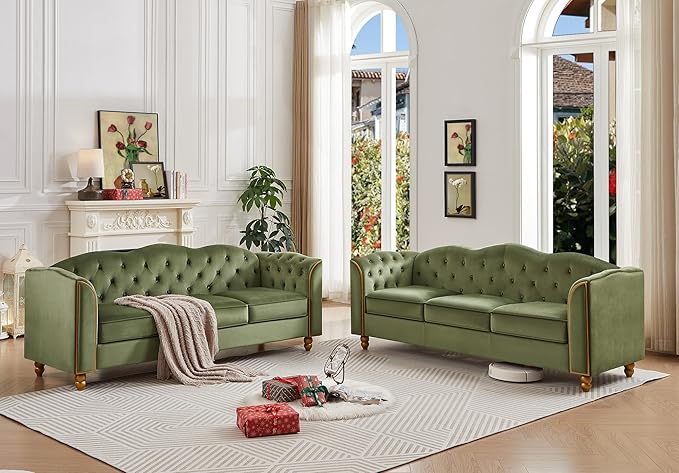 HITHOS 78 Velvet Sofa Couch Soft 3 Seater Sofa Couche for Living Room Button Tufted Comfy Couch Modern Sofa with Upholstered Cushion Gold Trim Solid Wood Legs for Dorm Bedroom Apartment Green