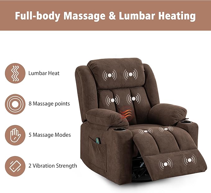 Rocker Swivel Recliner Chair for Adults Overstuffed Large Manual Recliner Glider with Massage and Heat Comfy Soft Fabric Living Room Reclining Sofa Chair (Warm Cocoa)