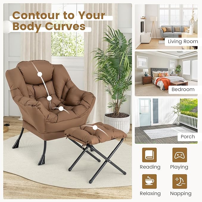 GOFLAME Lazy Chair with Ottoman Modern Large Accent Chair with Folding Footrest Head Pillow Armrests and Side Storage Pocket Upholstered Reading Chair for Living Room Bedroom Office (Brown)