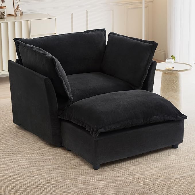 47 Cozy Upholstered Sofa Chair with Movable Ottoman Wide Seat Curved Armrests and Soft Pillows Modern Armchair Sofa for Living Room Bedroom Black