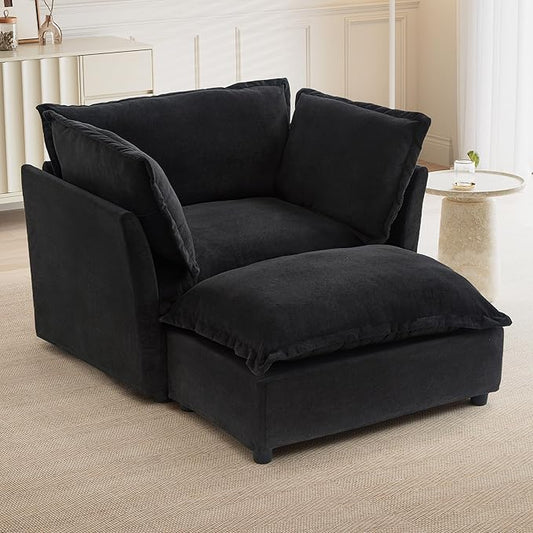 47 Cozy Upholstered Sofa Chair with Movable Ottoman Wide Seat Curved Armrests and Soft Pillows Modern Armchair Sofa for Living Room Bedroom Black