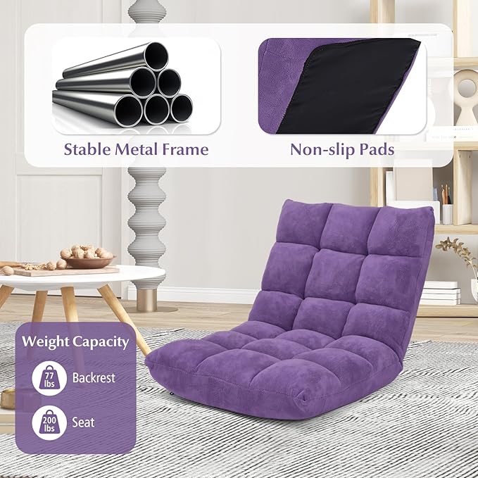 14-Position Floor Sofa Folding Gaming Sofa Chair Comfy Cushions &amp Study Steel Frame Angle Adjustable Sleeper Bed Couch Recliner (Purple)