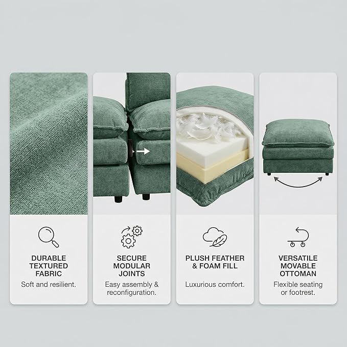 Homy Casa 102 Inch L Shaped Couch Set3-Seat Sectional Sofa with Chaise Comfortable Chenille Fabric Removable Cushions Ottoman DIY CombinationModern Design for Living/Family Room (Mint Green)
