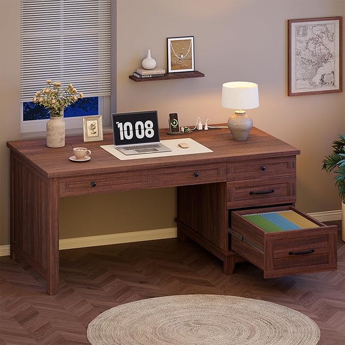 GarveeHome Executive Desk with Drawers Farmhouse Home Office Desk with Charging Station 53.54 in Wooden Computer Desk with File Cabinet Storage for Work Study WritingWalunt Brown