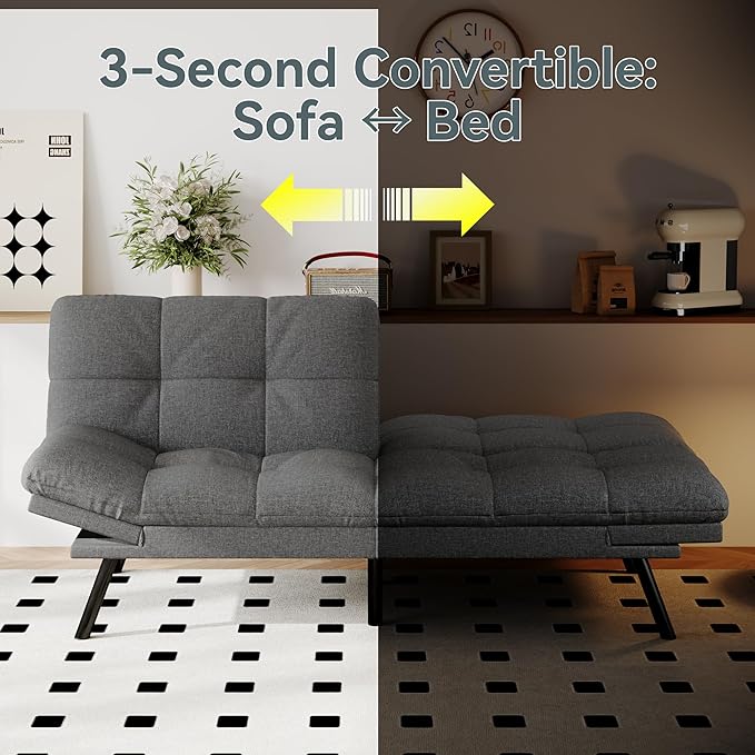 Opoiar Convertible Futon Sofa Bed Grey Linen Futon Couch with Adjustable Backrest &amp Armrests Folding Small Recliner Sleeper Sofa Bed for Living Room Apartment Office