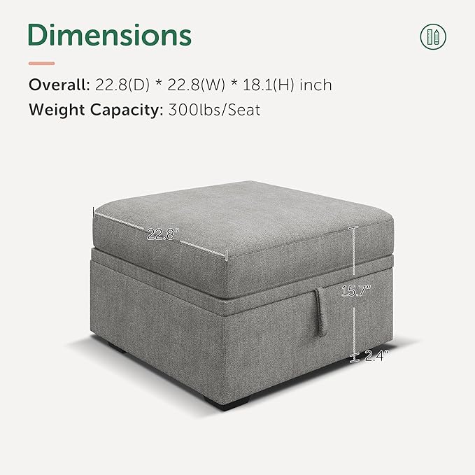 HONBAY Square Ottoman Module for Modular Sectional Sleeper Sofa Storage Ottoman Footrest and Seat Cube Grey