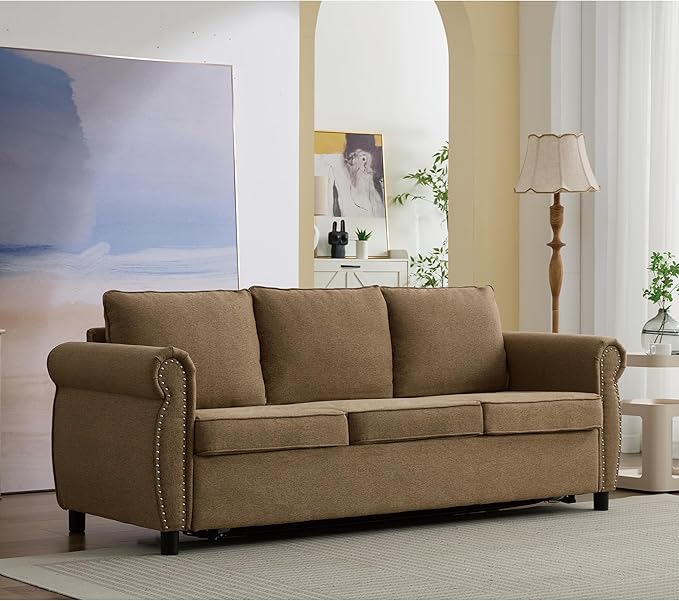 Pull Out Sofa Bed Queen Size Sleeper Sofa with Memory Foam Mattress 3 in 1 Convertible Pullout Couch Bed 3-Seater Comfy Upholstered Loveseat Sofas for Living Room Guest Room RV (Brown Linen)