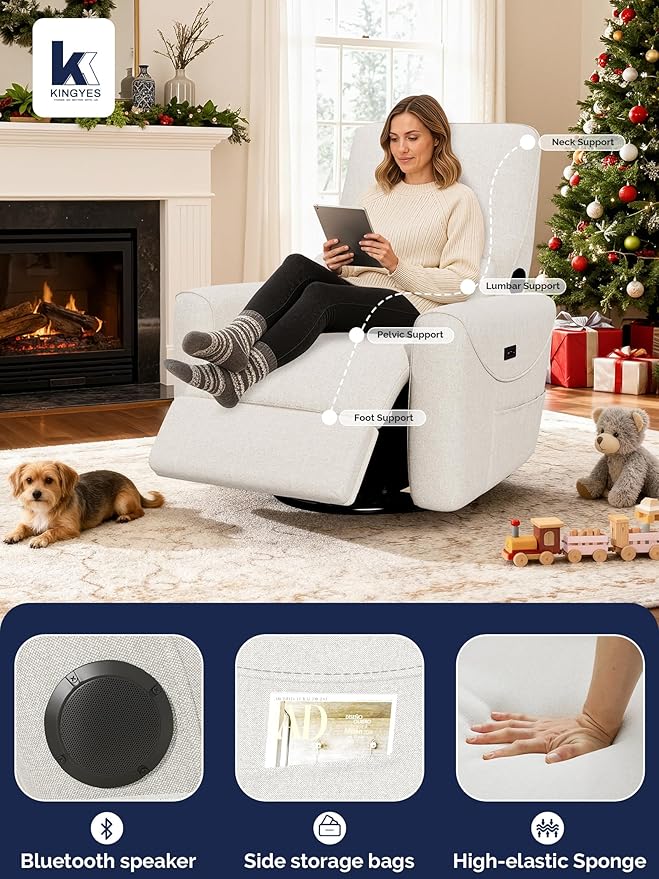 KINGYES Power Recliner Chair 270° Swivel Glider Living Room Recliner with USB-C Port Nursery Rocking Chair Beige