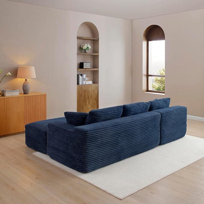 KEIKI 3 Seater Corduroy Boneless Modular Sectional Couch Sofa with Oversized Chaise Lounge Ottoman &amp Back Cushions Deep Seat Modern L-Shape Cloud Compressed Sofa Couches for Living Room Bedroom