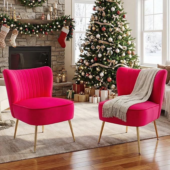DUOMAY Modern Accent Chair Set of 2 Velvet Slipper Chair with Gold Legs Wingback Side Chair for Living Room Bedroom Entryway Small Corner Chair for Space Saving Rose Red
