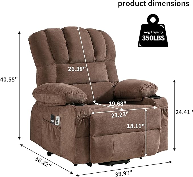 Power Lift Chaise LoungeModern Comfortable Massage Chair with HeatMulti Functional Reading Chair with Side Storage Pockets for for Living RoomBedroomStudyBrown.