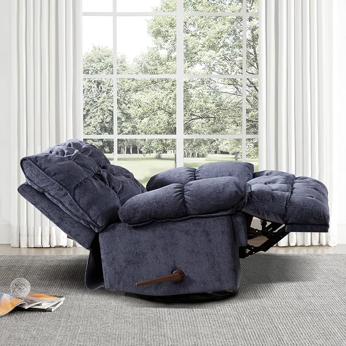 SITJOY Oversized Power Swivel Rocker Recliner Chair Overstuffed Extra Wide Rocking Chair for Big and Tall Glider Recliner Nursery Chair Soft Breathable Fabric in Dark Blue Manual