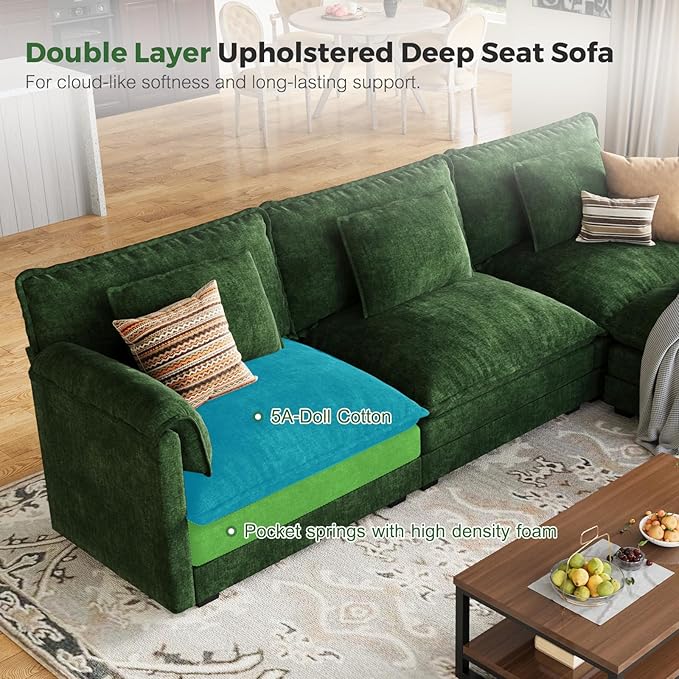 ABCASA 150 Oversized Modular Sectional Sofa with Throw Pillows &amp Movable Ottoman Comfy Cloud Couch 6-Seat Deep Seat Sofa U Shaped Modern Sofa for Living Room Apartment - Chenille Green