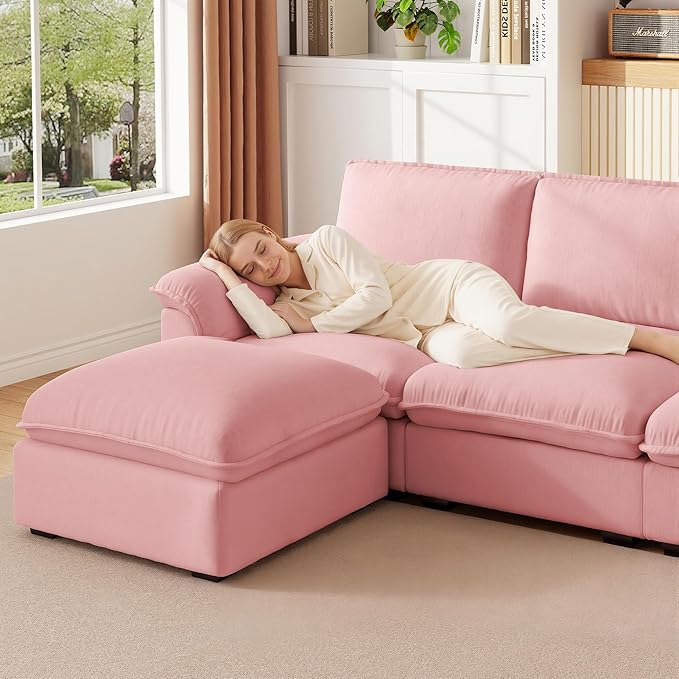 KEIKI 102 3Seat Modular Sectional Velvet Sofa Couch with Chaise Memory Foam for Feminine Retreat Bedroom Studio Style Conscious Glam Seekers Luxurious Elegant Sophisticated Quality Design Pink