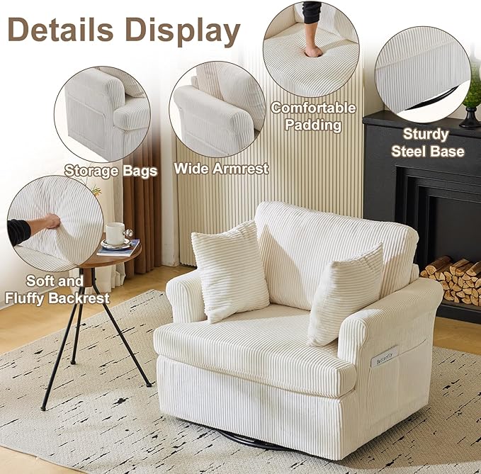 Karl home 39 Swivel Accent ChairOversized Seat Armchair W/2 Pillows and 4 PocketsModern Upholstered Corduroy Barrel ChairsComfy Single Sofa for Living RoomReadingBedroom and Office-Beige