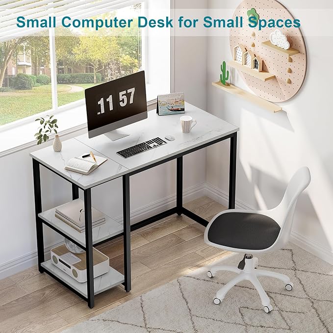 SINPAID Computer Desk 40 inches with 2-Tier Shelves Sturdy Home Office Desks with Large Storage Space Modern Gaming Desk Study Writing Laptop Table Black Marbling (White Marble 40 inch)