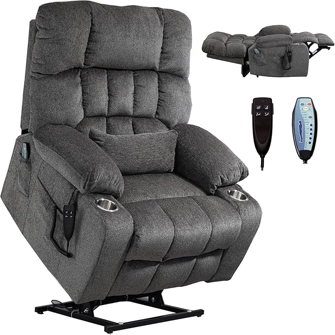 Oversized Power Lift Recliner Chair for Adult Elderly Dual Motor Lay Flat Electric Recliner with Massage &amp Heat 25.5 Wide Seat Big Tall Recliners for Living Room Bedroom Grey