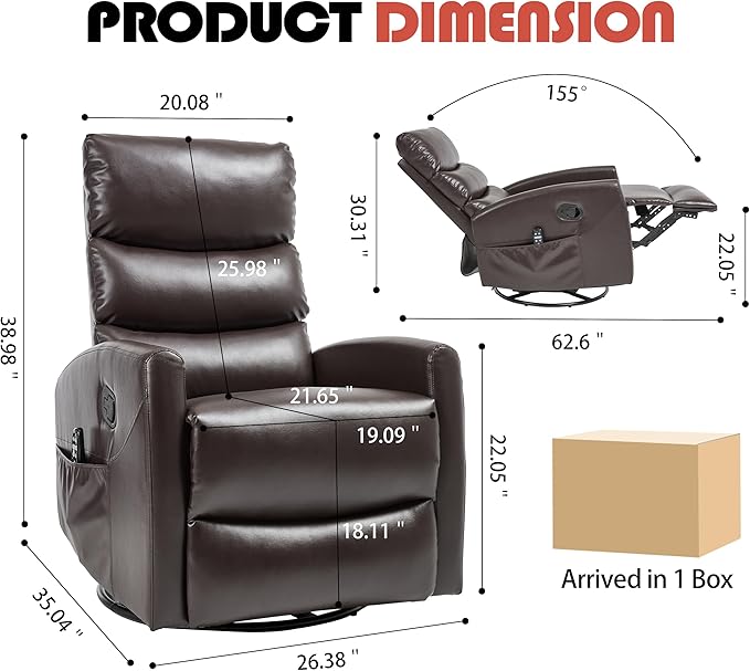 Luxlen Manual Swivel Rocker Recliner Chair with Massage Overstuffed Recliner Glider with Vibration Massage and Heat for Nursery Living Room Reclining Sofa Chair PU Leather Dark Brown