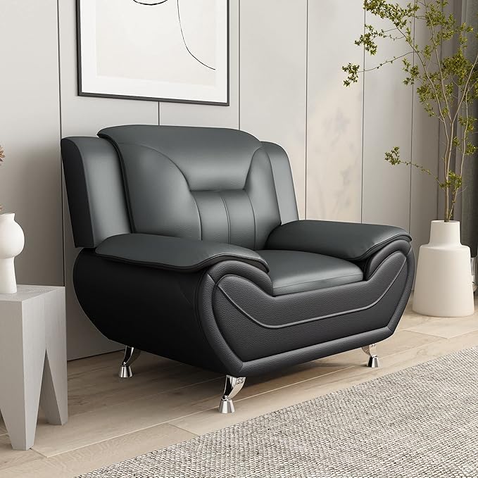 Container Furniture Modern Style Living Room Chair with Top Grade Faux Leather Upholstery and Extra Comfortable Pillow Top Armrests 47.3’’ Wide Grey &amp Black