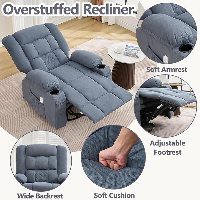 Oversized Swivel Rocker Recliner with Throw Pillow for Adult Kneading Massage Recliners Chair with Heat | USB | Cup Holders Gray Nursery Recliner Chair for Living Room Bedroom (Normal Blue)