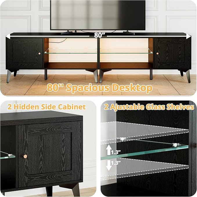 LIKIMIO 2-in-1 TV Stand for 85 Inch TV Black TV Consoles with LED Lights &amp Charging Station Entertainment Center with Storage Cabinets &amp Adjustable Glass Shelves TV Table for Living Room &a