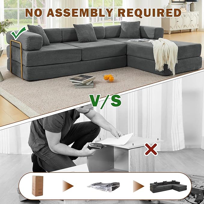 108 W Corduroy Modular Cloud Couch with Fixed-Shape Frame Oversized L-Shaped Sectional Sleeper Sofa Bed with Pull Out Bed No Assembly Modern Floor Boneless Couch for Living Room (Gray)