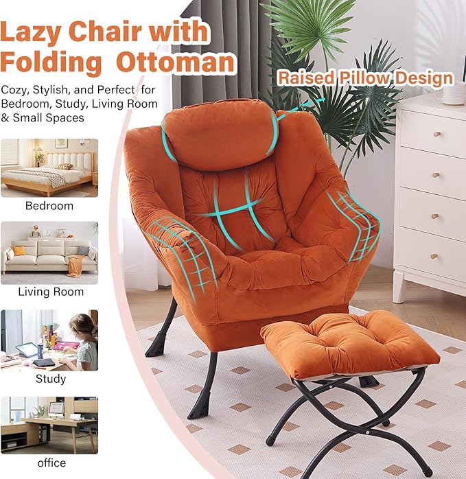 Lazy Chair with Ottoman Modern Accent Chair with Armrests and a Side Pocket Velvet Orange Accent Chairs Reading Chairs Oversized Armchairs for Bedroom Study Living Room Courtyard
