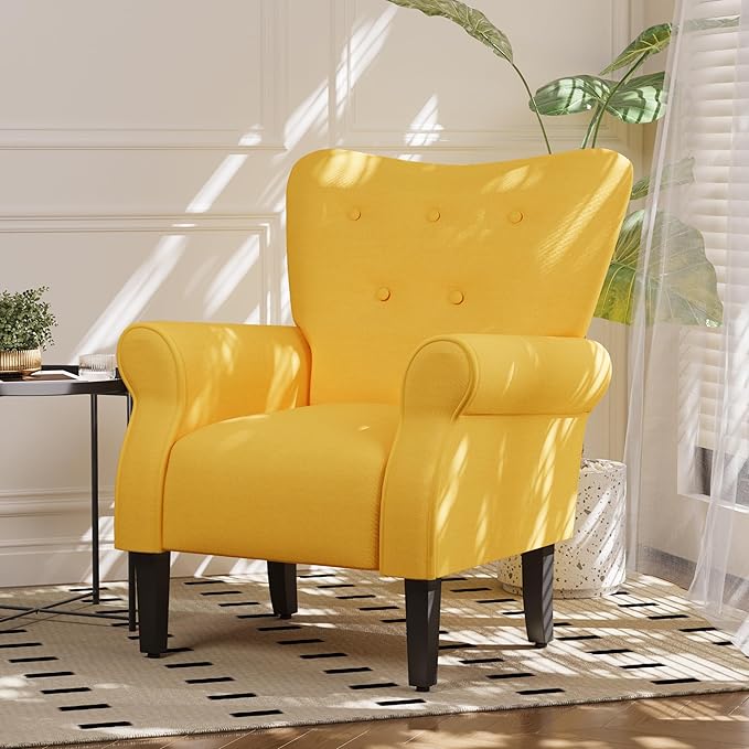 MELLCOM Mid Century Wingback Arm ChairModern Upholstered Fabric High Back Accent Chair with Wood LegsUpholstered Single Sofa Club Chair for Living Room Bedroom Home Office Yellow