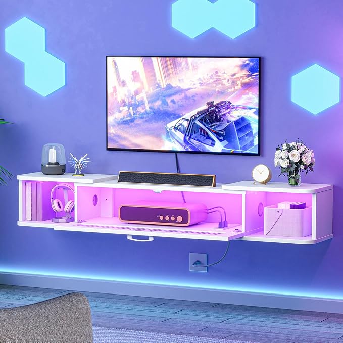 HOOBRO Floating TV Stand with LED Light Power Outlet for up to 65” Wall Mounted TV Shelf Modern Media Console Entertainment Center for Living Room Bedroom White WT34UDDS01G1