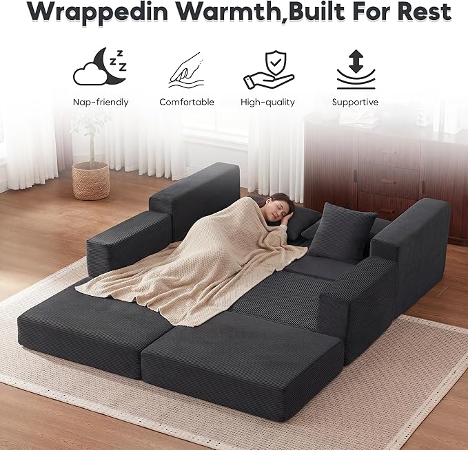 L-Shaped Modular Sofa Bed with Ottoman Corduroy Folding Floor Convertible Sofa Couch Bed Boneless Combination Design Loveseat Sleeper Couch for Living Room Grey