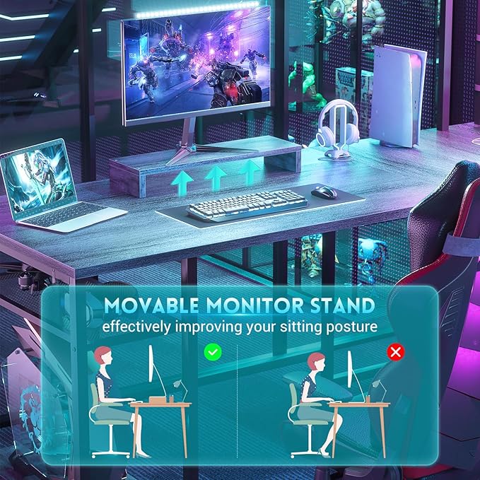 Aheaplus L Shaped Gaming Desk 59 Gaming Desk with Power Outlet and Led Lights Reversible L Shaped Computer Desk with Hutch &amp Monitor Stand Home Office Desk L Shaped Corner Desk White Oak