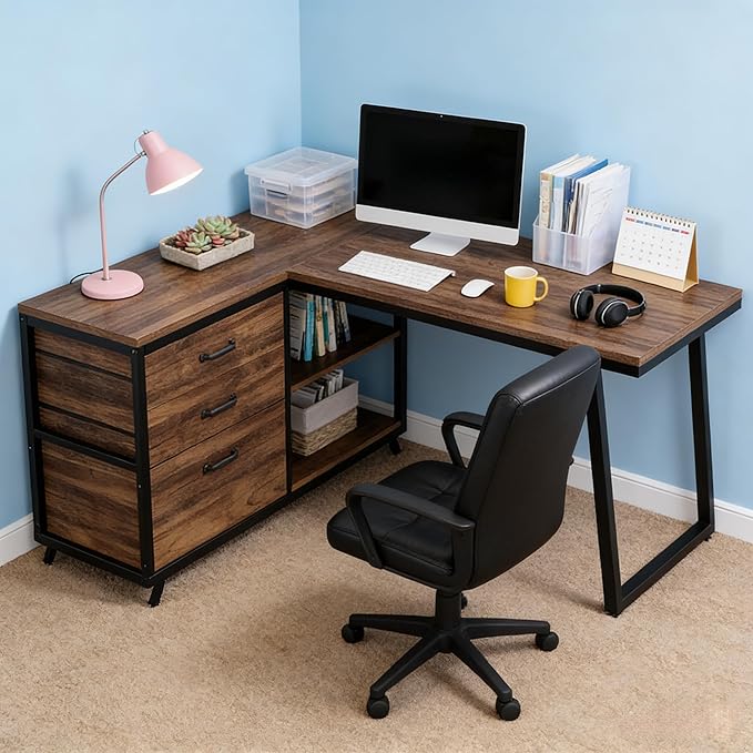 Computer Desk with 5 Drawers 47 Inch Reversible L-Shaped Executive Office Desk with File Storage Drawers Industrial Study Writing Table Corner Desk for Home Office (Rustic Brown)