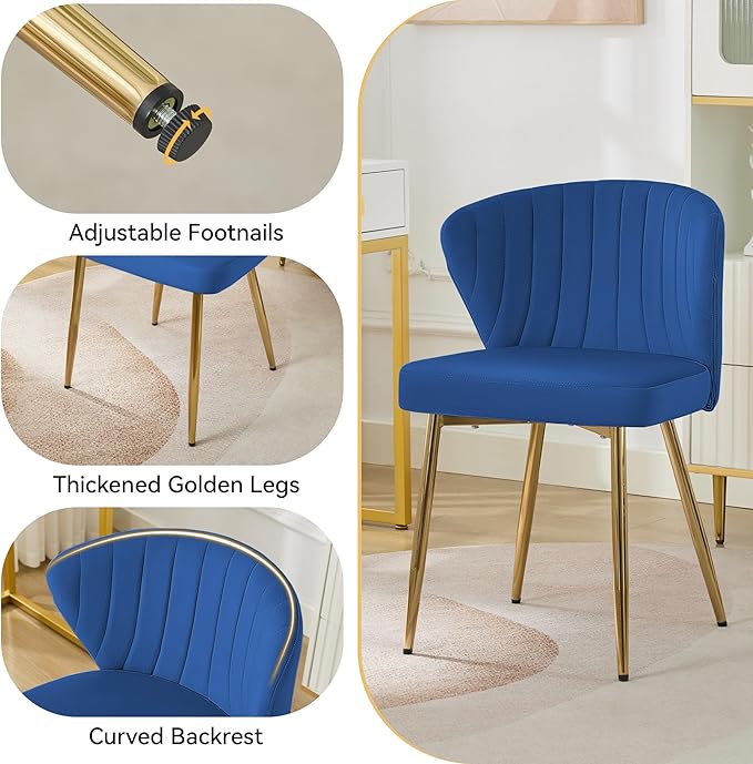 Velvet Vanity Chair Modern Makeup Chair with Back Golden Legs Small Cute Accent Chair for Vanity Living Room Bedroom Navy