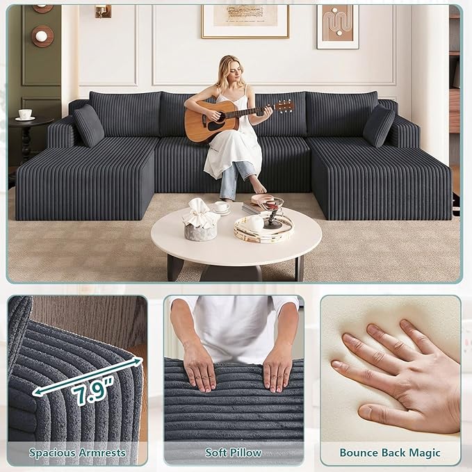 124 U-Shape Cloud Couch Modern Modular Sectional U-Shape Sofa Corduroy Upholstered Couches Deep Seat Sleeper Chaise Longue for Living Room No Assembly RequiredDark Gray