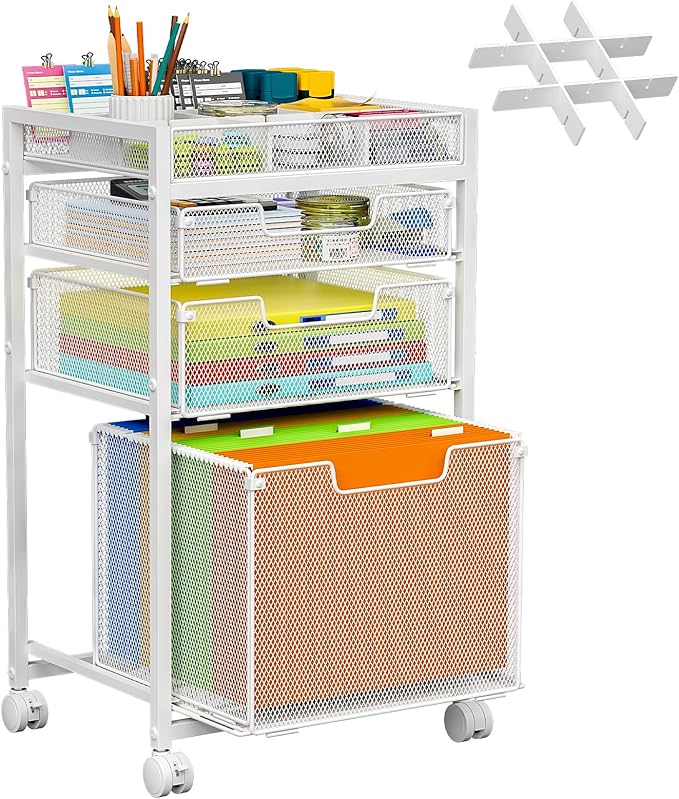 Rolling File Cart with 3 Storage Drawers Under Desk Filing Cabinet with DIY Divider Hanging File Folder Organizer on Wheels Fits A4/Letter Size Metal Utility Cart for Home Office White