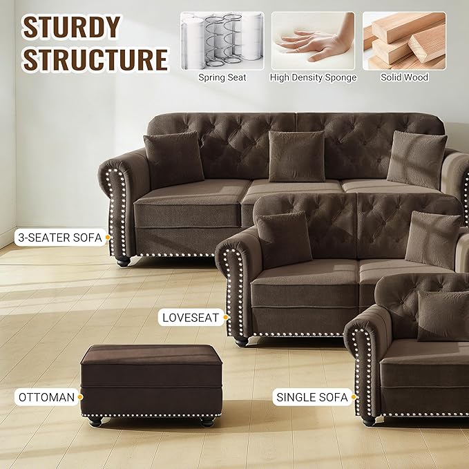 83 Stylish Velvet Sofa with Movable Ottoman Button Tufted Couch Bed with Rolled Armrests Comfort 3-Seater Sofa Bed with Rivet Decor &amp Solid Wood for Living Spaces Brown