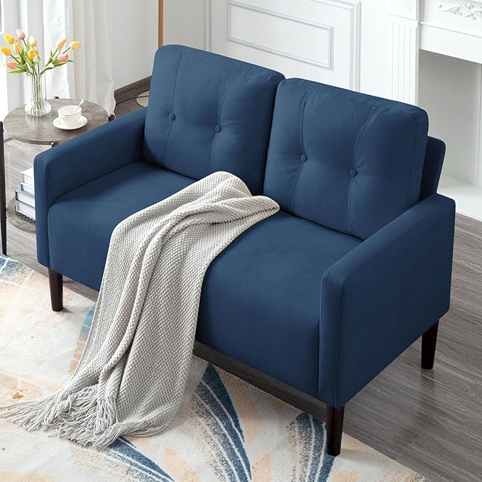 Loveseat Sofa Small Couch for Small Spaces Modern Linen Fabric 2-Seater Sofa with Solid Wood Legs Easy Assembly Apartment Couch for Living Room Office (Blue)