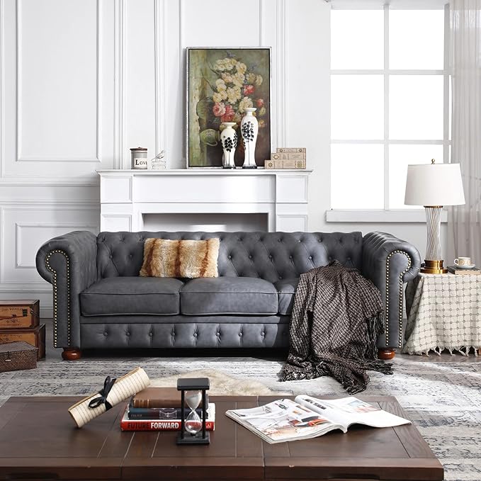 Harper &amp Bright Designs Faux Leather Upholstered 3-Seater Living Room Sofa with Button and Copper Nail on Arms Classic Chesterfield Sofa Dark Grey