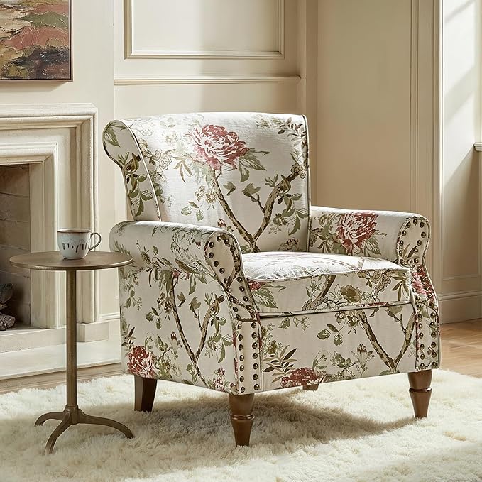 Wingback Accent Chair with Wood Legs Modern Comfy Upholstered Armchair with Removable Cushion and Nailhead Trim Floral Pattern Single Sofa Reading Chair for Living Room Bedroom