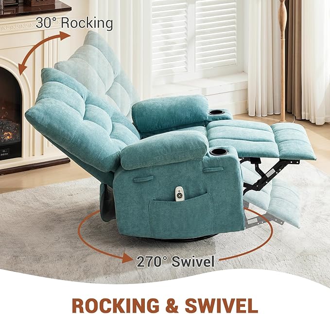 GarveeHome Swivel Rocker Recliner Chair with Massage and Heat Oversize Ergonomic Lounge Single Sofa with Side Pocket Cup Holders for Living Room Bedroom (Oversized Blue)