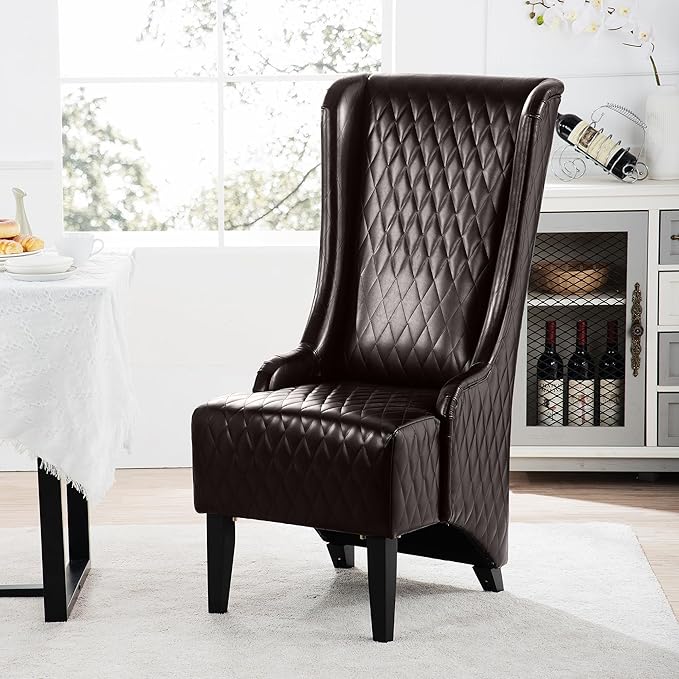 Dining Chair Comfy High Wingback Accent Chair for Dining Table PU Leather Upholstered Accent Side Chairs with Soft Padded &amp Wooden Legs for Living Room Dining Room Bedroom (Dark Brown)