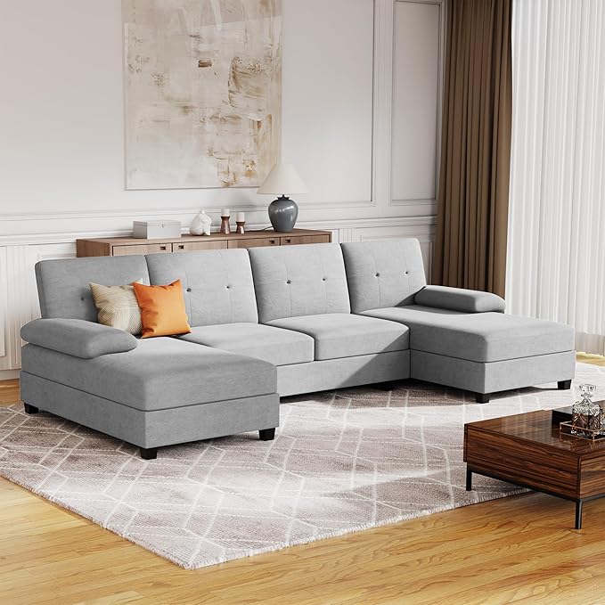 JAMFLY Sectional Sofa Couches for Living Room U Shaped Sofa Living Room Furniture Sets 4 Seat Modular Sectional Couch with Chaise Light Grey