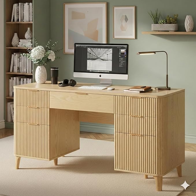 Wooden Desk with Drawers 55 Fluted Executive Desk with Storage Cabinet Wood Home Office Desk with File Cabinet Modern Computer Writing Desk for Study Living Room Bedroom