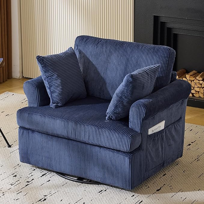 VINGL 39.2 Wide 360° Swivel Accent Armchair with 2 Pillows Oversized Single Sofa Chair and a Half with Side Pockets and Wide armrest for Living Room Bedroom Reading Room Corduroy Blue