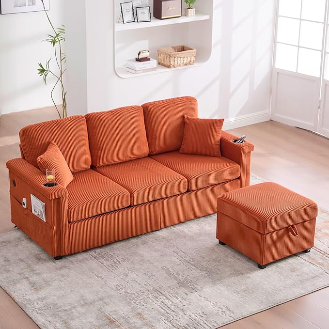 76'' Sectional Sofa Couches for Living Room 3 Seat L-Shaped Couch with Storage &amp Ottoman Corduroy Convertible Sofas with Chaise Apartment with USB Charging Cup Holder (Orange)