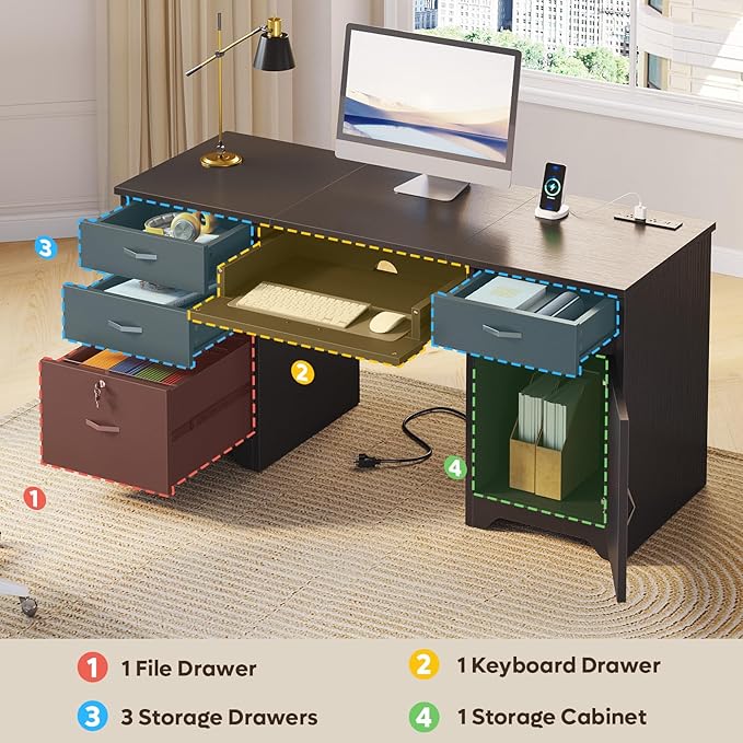 Bestier 59” Office Desk with Lockable Drawers Modern Computer Desk with File Drawer Charging Station &amp Drop-Front Keyboard Drawer Executive Desk with Storage Cabinet for Home Office &amp Studi