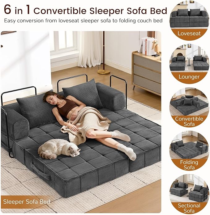 6-in-1 Convertible Sleeper Sofa Bed Corduroy Folding Mattress Couch with Fixed-Shape Frame Modular Foldable Boneless Couch Loveseat Couches with 2 Pillows for Living Room Bedroom Grey