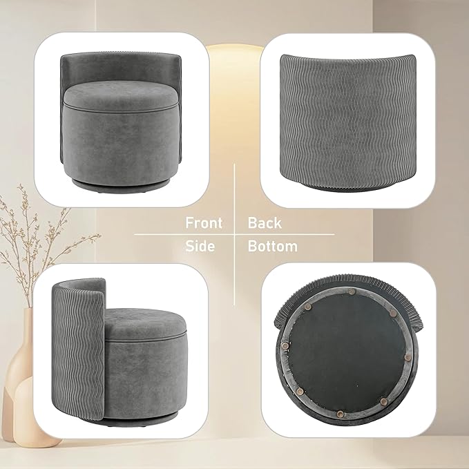 360° Swivel Accent Chair with Storage Vanity Stool with Back Velvet Storage Ottoman Upholstered Round Barrel Vanity Chair for Living Room Makeup Room Bedroom (Gray)