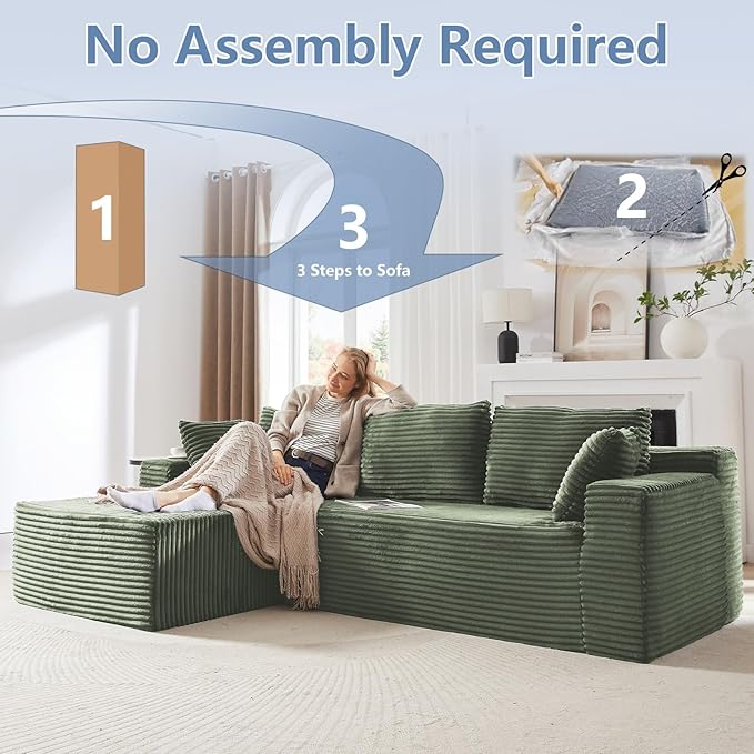 103 L-Shape Cloud Couch with Chaise Upholstered Corduroy Modular Sectional Sofa Deep Seat Couch with Free Combination for Living Room &amp ApartmentNo Assembly Required(GreenLeft Facing Chaise)